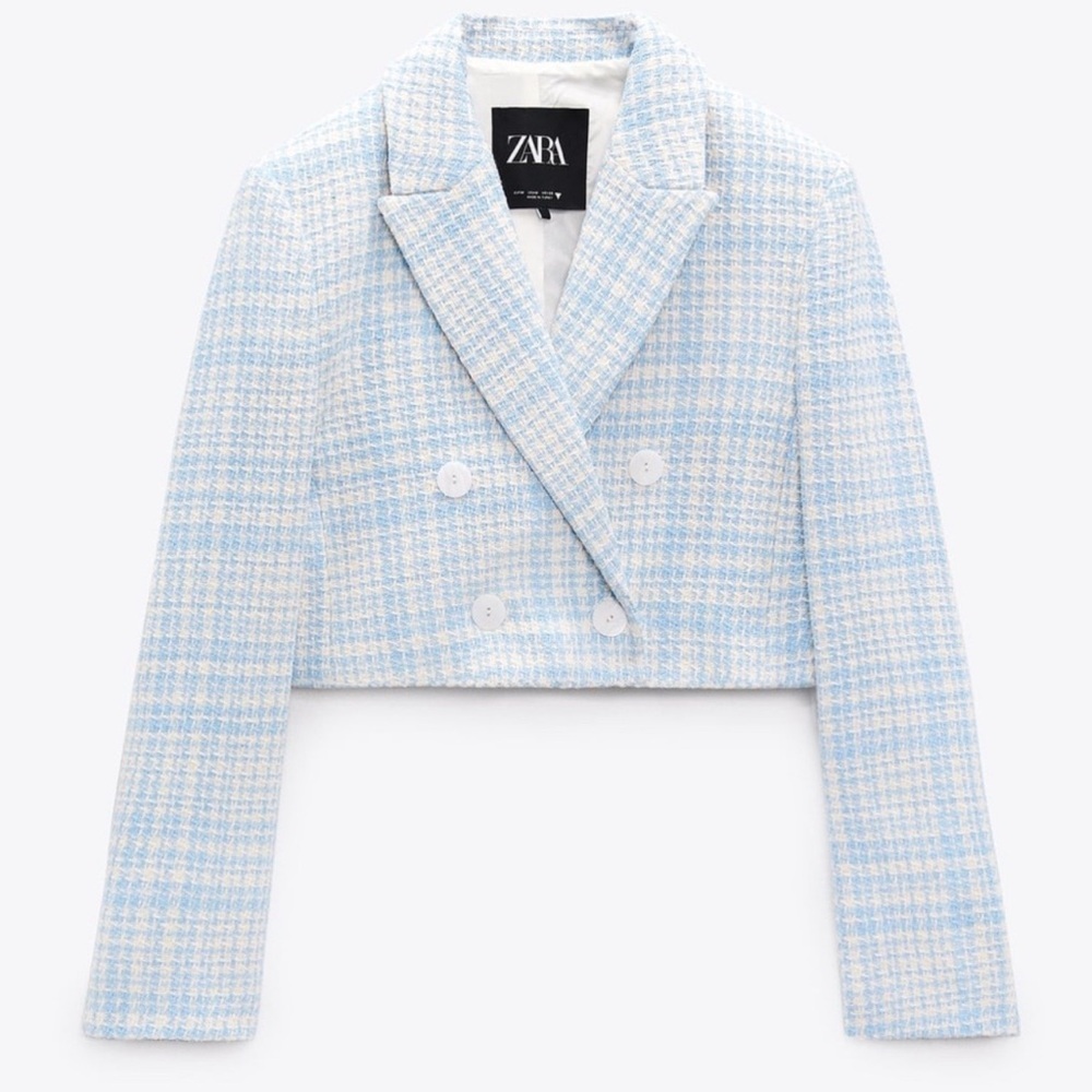 NEW ZARA Women’s Cropped Tweed Blazer – Blue & White | Size XL